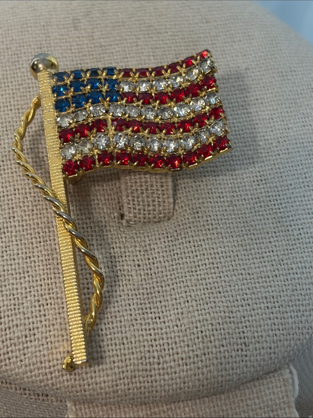 Gold-Tone American Flag Crystal Pin Brooch - Red White Blue